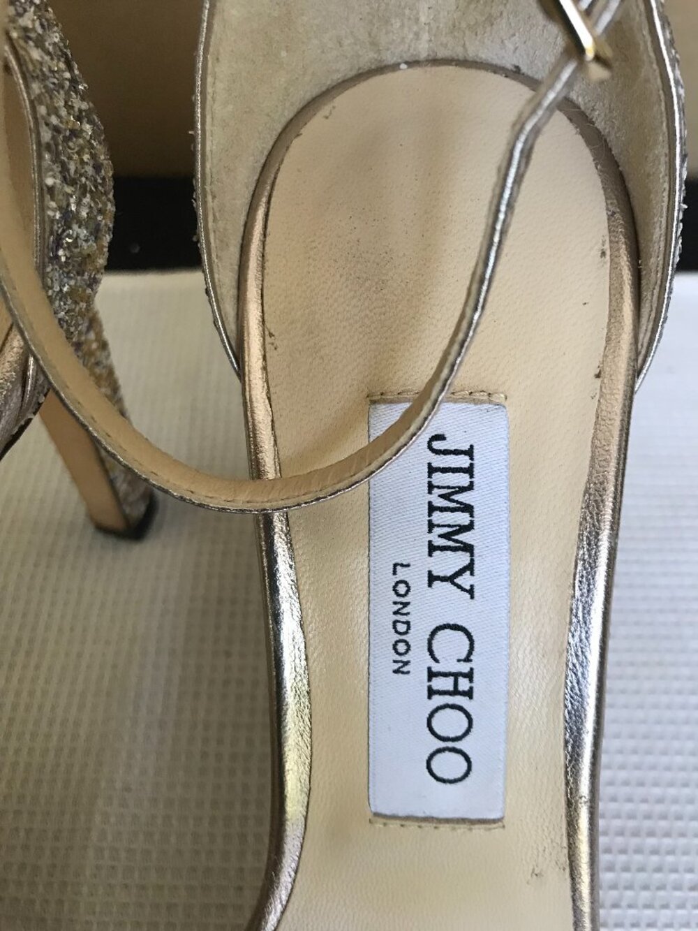 JIMMY CHOO Misty Metallic Glitter Sandal in Champagne, size 38 (US 8), Imperfect - Picture 12 of 16